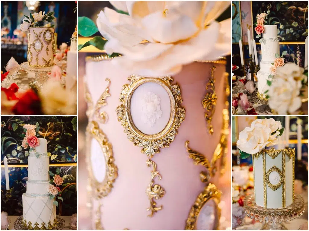 Snohomish Wedding Photographer GSquared Weddings A collage of elegantly decorated cakes featuring detailed gold embellishments ornate floral designs and pastel colors The cakes are adorned with roses and set against a rich dark floral background creating a luxurious and artistic display Serving Seattle Snohomish and Washington State Snohomish Wedding Photographer GSquared Weddings A collage of elegantly decorated cakes, featuring detailed gold embellishments, ornate floral designs, and pastel colors. The cakes are adorned with roses and set against a rich, dark floral background, creating a luxurious and artistic display. Serving Seattle, Snohomish and Washington State