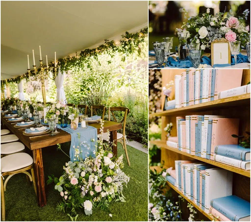 Snohomish Wedding Photographer GSquared Weddings Elegant outdoor event setup featuring a wooden dining table adorned with flowers candles and blue table settings Nearby a bookshelf displays pastelcolored books The setting is under a canopy with greenery and white drapes Serving Seattle Snohomish and Washington State Snohomish Wedding Photographer GSquared Weddings Elegant outdoor event setup featuring a wooden dining table adorned with flowers, candles, and blue table settings. Nearby, a bookshelf displays pastel-colored books. The setting is under a canopy with greenery and white drapes. Serving Seattle, Snohomish and Washington State
