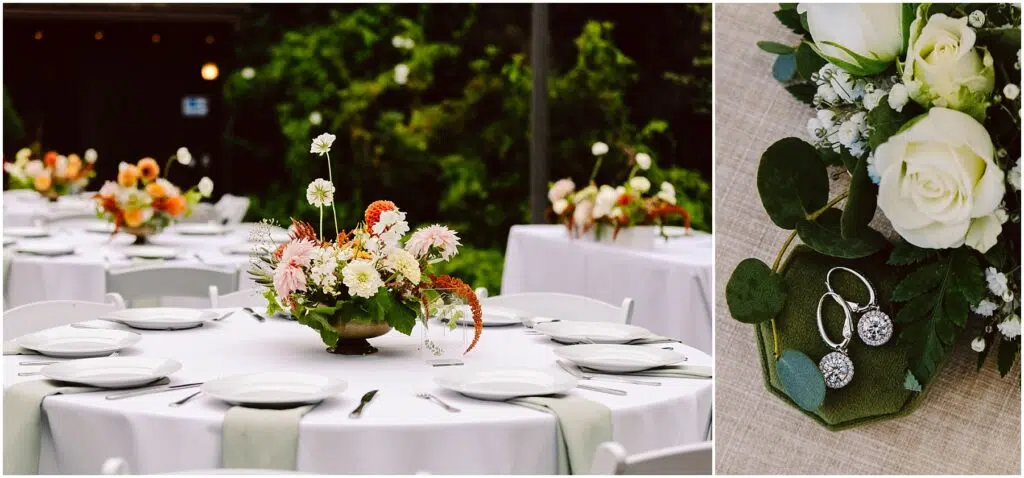 Snohomish Wedding Photographer GSquared Weddings Outdoor wedding setup with round tables covered in white tablecloths and adorned with colorful floral centerpieces Nearby a closeup of silver earrings is placed next to white roses and greenery on a textured surface Serving Seattle Snohomish and Washington State Snohomish Wedding Photographer GSquared Weddings Outdoor wedding setup with round tables covered in white tablecloths and adorned with colorful floral centerpieces. Nearby, a close-up of silver earrings is placed next to white roses and greenery on a textured surface. Serving Seattle, Snohomish and Washington State