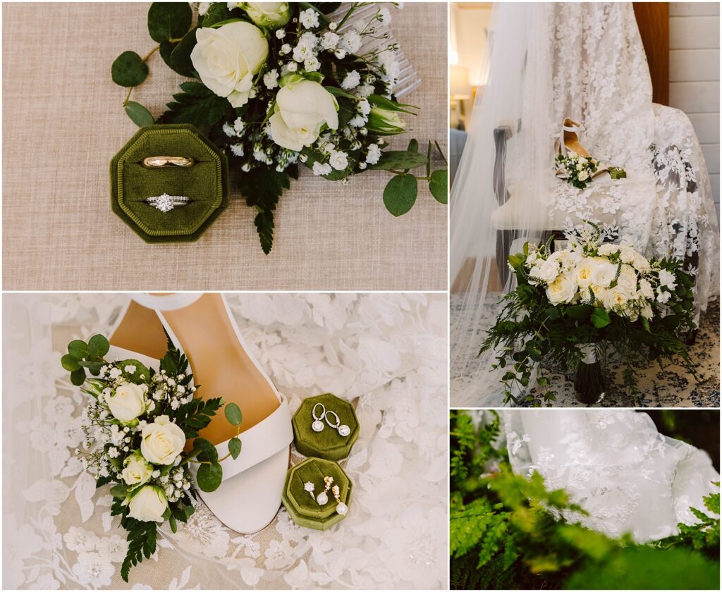 Snohomish wedding photographer gsquared weddings collage of wedding details white roses with greenery two rings in a green velvet box white high heels next to flowers bridal bouquet with veil and shoes and lace detail on a wedding dress among ferns Serving seattle snohomish and washington state Snohomish wedding photographer gsquared weddings collage of wedding details white roses with greenery two rings in a green velvet box white high heels next to flowers bridal bouquet with veil and shoes and lace detail on a wedding dress among ferns Serving seattle snohomish and washington state
