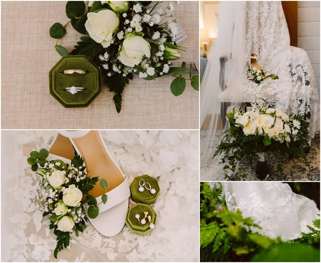 Snohomish Wedding Photographer GSquared Weddings Collage of wedding details white roses with greenery two rings in a green velvet box white high heels next to flowers bridal bouquet with veil and shoes and lace detail on a wedding dress among ferns Serving Seattle Snohomish and Washington State Snohomish Wedding Photographer GSquared Weddings Collage of wedding details: white roses with greenery, two rings in a green velvet box, white high heels next to flowers, bridal bouquet with veil and shoes, and lace detail on a wedding dress among ferns. Serving Seattle, Snohomish and Washington State
