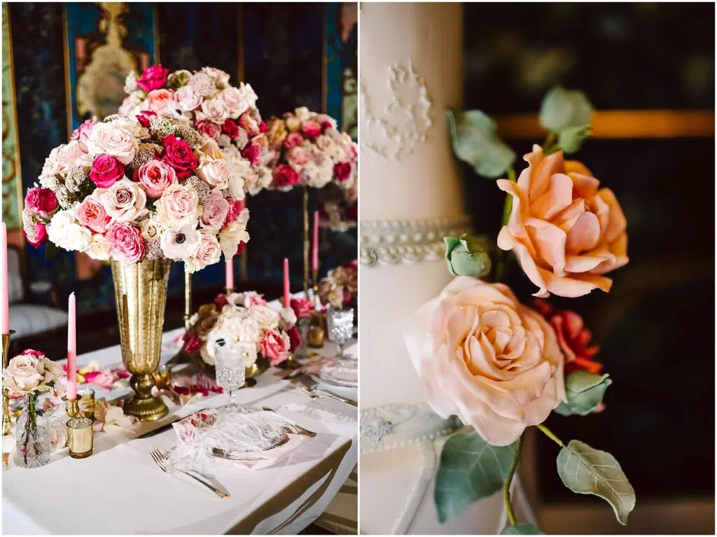 Snohomish Wedding Photographer GSquared Weddings A lavish table setting with a tall gold vase full of pink and white roses surrounded by candles and elegant tableware Inset shows a closeup of a pink rose decoration The backdrop is ornate and rich in color Serving Seattle Snohomish and Washington State Snohomish Wedding Photographer GSquared Weddings A lavish table setting with a tall gold vase full of pink and white roses, surrounded by candles and elegant tableware. Inset shows a close-up of a pink rose decoration. The backdrop is ornate and rich in color. Serving Seattle, Snohomish and Washington State