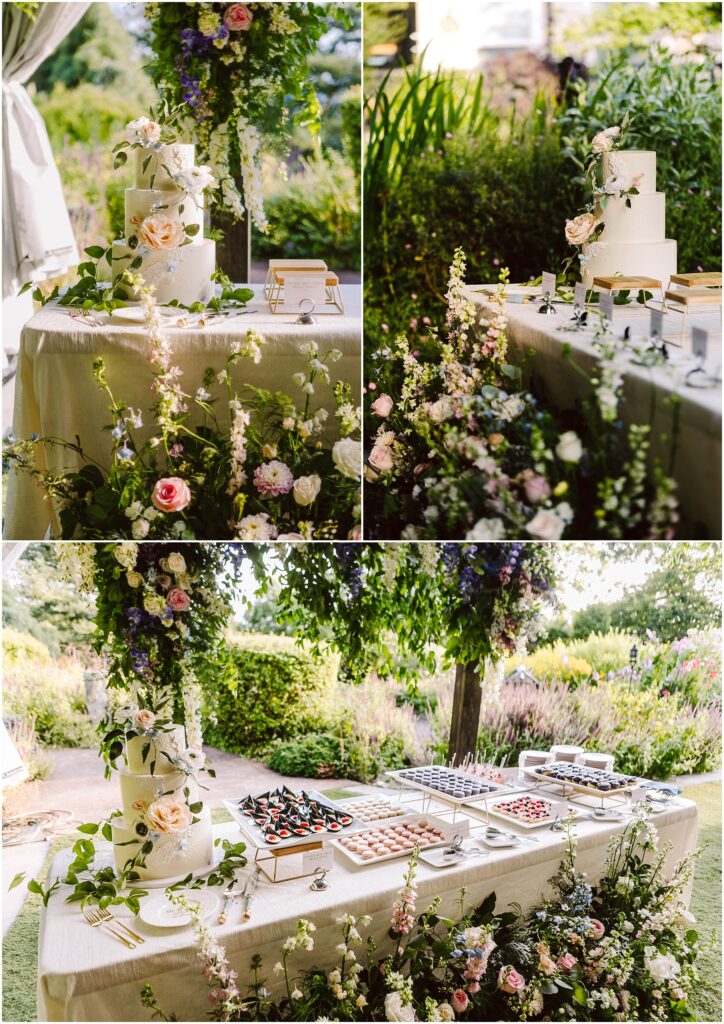 Snohomish wedding photographer gsquared weddings a tiered wedding cake adorned with flowers sits on a table set outside in a garden The table is decorated with floral arrangements and various desserts including pastries and fruit tarts surrounded by lush greenery Serving seattle snohomish and washington state Snohomish wedding photographer gsquared weddings a tiered wedding cake adorned with flowers sits on a table set outside in a garden The table is decorated with floral arrangements and various desserts including pastries and fruit tarts surrounded by lush greenery Serving seattle snohomish and washington state