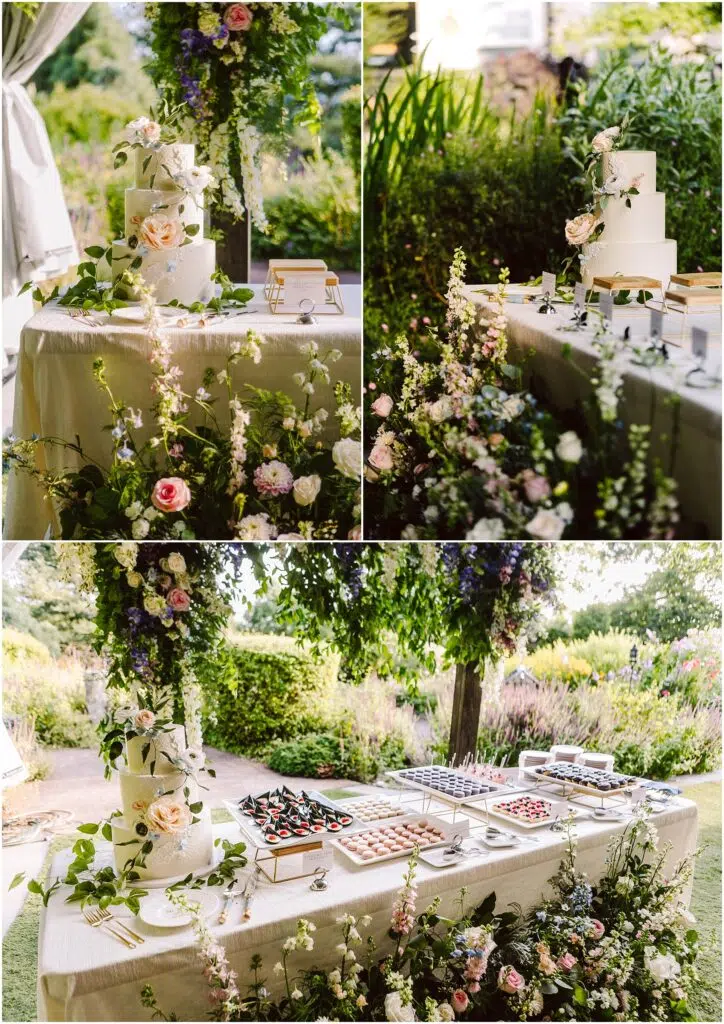 Snohomish Wedding Photographer GSquared Weddings A tiered wedding cake adorned with flowers sits on a table set outside in a garden The table is decorated with floral arrangements and various desserts including pastries and fruit tarts surrounded by lush greenery Serving Seattle Snohomish and Washington State Snohomish Wedding Photographer GSquared Weddings A tiered wedding cake adorned with flowers sits on a table set outside in a garden. The table is decorated with floral arrangements and various desserts, including pastries and fruit tarts, surrounded by lush greenery. Serving Seattle, Snohomish and Washington State