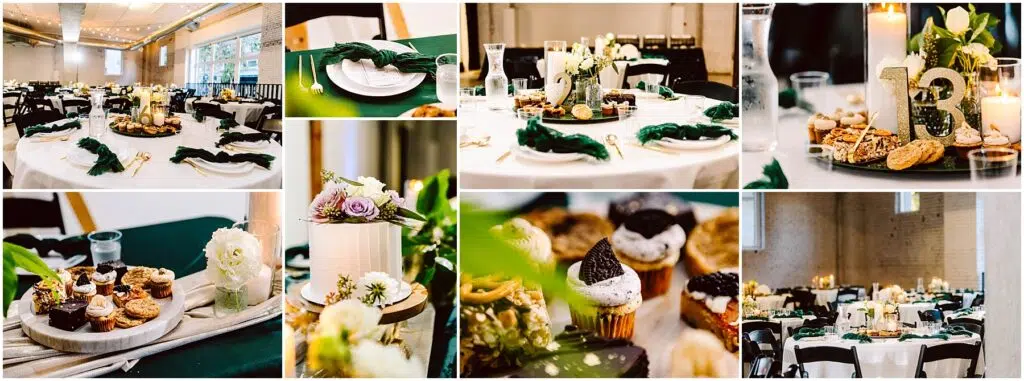 Snohomish Wedding Photographer GSquared Weddings A collage of elegantly decorated event tables featuring white tablecloths green accents candles floral arrangements and desserts like cupcakes and cookies A table number 13 is visibly displayed The setting is indoors with soft lighting Serving Seattle Snohomish and Washington State Snohomish Wedding Photographer GSquared Weddings A collage of elegantly decorated event tables featuring white tablecloths, green accents, candles, floral arrangements, and desserts like cupcakes and cookies. A table number 13 is visibly displayed. The setting is indoors with soft lighting. Serving Seattle, Snohomish and Washington State