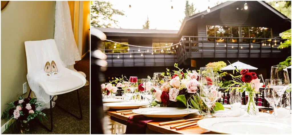 Snohomish Wedding Photographer GSquared Weddings A collage showing a wedding setup on the left a white chair with a pair of heels on the right a beautifully set outdoor table with floral arrangements and glasses in front of a black building with string lights Serving Seattle Snohomish and Washington State Snohomish Wedding Photographer GSquared Weddings A collage showing a wedding setup: on the left, a white chair with a pair of heels; on the right, a beautifully set outdoor table with floral arrangements and glasses in front of a black building with string lights. Serving Seattle, Snohomish and Washington State