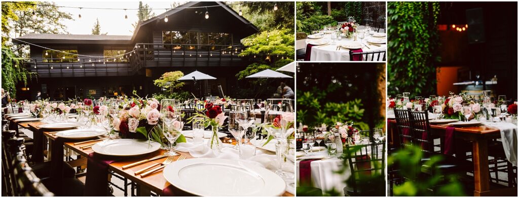 Snohomish wedding photographer gsquared weddings a beautifully set outdoor reception area features tables adorned with white plates glassware and floral centerpieces in a lush garden setting A building with string lights is visible in the background Insets show closer views of the tables Serving seattle snohomish and washington state Snohomish wedding photographer gsquared weddings a beautifully set outdoor reception area features tables adorned with white plates glassware and floral centerpieces in a lush garden setting A building with string lights is visible in the background Insets show closer views of the tables Serving seattle snohomish and washington state