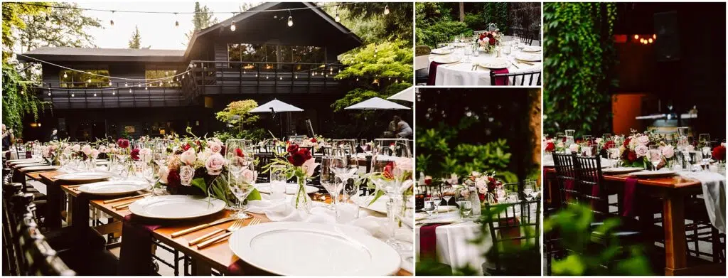 Snohomish Wedding Photographer GSquared Weddings A beautifully set outdoor reception area features tables adorned with white plates glassware and floral centerpieces in a lush garden setting A building with string lights is visible in the background Insets show closer views of the tables Serving Seattle Snohomish and Washington State Snohomish Wedding Photographer GSquared Weddings A beautifully set outdoor reception area features tables adorned with white plates, glassware, and floral centerpieces in a lush garden setting. A building with string lights is visible in the background. Insets show closer views of the tables. Serving Seattle, Snohomish and Washington State