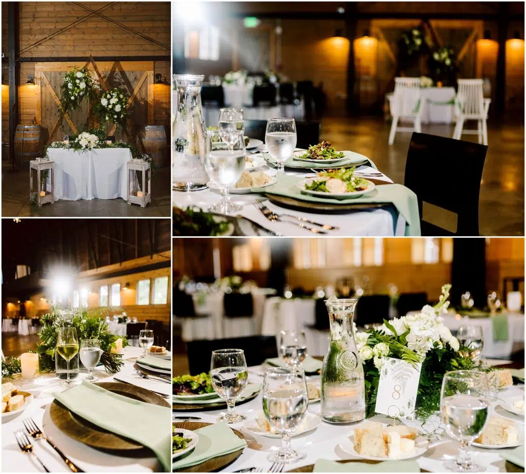 Snohomish Wedding Photographer GSquared Weddings A rustic wedding reception venue with elegant table settings The tables are set with white linens green napkins plates of salad and glasses of water Wooden walls and soft lighting enhance the cozy ambiance Floral arrangements decorate the room Serving Seattle Snohomish and Washington State Snohomish Wedding Photographer GSquared Weddings A rustic wedding reception venue with elegant table settings. The tables are set with white linens, green napkins, plates of salad, and glasses of water. Wooden walls and soft lighting enhance the cozy ambiance. Floral arrangements decorate the room. Serving Seattle, Snohomish and Washington State