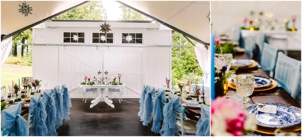 Snohomish Wedding Photographer GSquared Weddings A wedding reception area with a long table set for dining Chairs are adorned with blue fabric and tables feature elegant blue and white plates crystal glasses and flower centerpieces White curtains and hanging star decorations add a festive touch Serving Seattle Snohomish and Washington State Snohomish Wedding Photographer GSquared Weddings A wedding reception area with a long table set for dining. Chairs are adorned with blue fabric, and tables feature elegant blue and white plates, crystal glasses, and flower centerpieces. White curtains and hanging star decorations add a festive touch. Serving Seattle, Snohomish and Washington State
