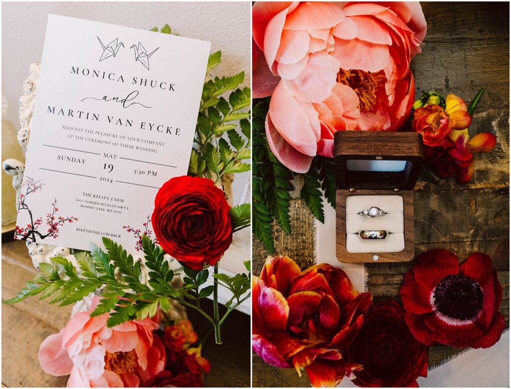 Snohomish wedding photographer gsquared weddings a wedding invitation and flowers are on the left On the right two rings are in a wooden ring box surrounded by red and pink flowers The invitation mentions a wedding on sunday may 19 2024 at 3 pm Serving seattle snohomish and washington state Snohomish wedding photographer gsquared weddings a wedding invitation and flowers are on the left On the right two rings are in a wooden ring box surrounded by red and pink flowers The invitation mentions a wedding on sunday may 19 2024 at 3 pm Serving seattle snohomish and washington state