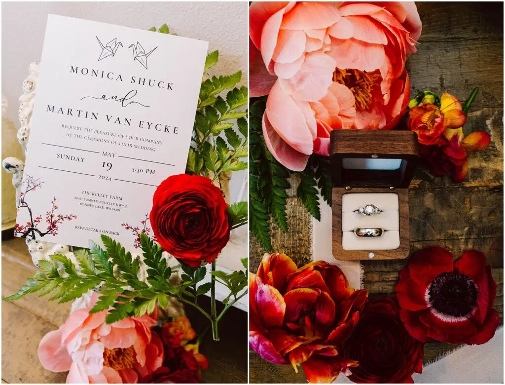 Snohomish Wedding Photographer GSquared Weddings A wedding invitation and flowers are on the left On the right two rings are in a wooden ring box surrounded by red and pink flowers The invitation mentions a wedding on Sunday May 19 2024 at 3 PM Serving Seattle Snohomish and Washington State Snohomish Wedding Photographer GSquared Weddings A wedding invitation and flowers are on the left. On the right, two rings are in a wooden ring box surrounded by red and pink flowers. The invitation mentions a wedding on Sunday, May 19, 2024, at 3 PM. Serving Seattle, Snohomish and Washington State