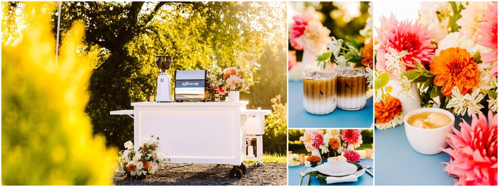 Snohomish wedding photographer gsquared weddings a coffee cart is set up outdoors with a coffee machine and floral arrangements Two iced coffees sit on a blue table next to vibrant pink and orange flowers The setup is brightly lit by the sun Serving seattle snohomish and washington state Snohomish wedding photographer gsquared weddings a coffee cart is set up outdoors with a coffee machine and floral arrangements Two iced coffees sit on a blue table next to vibrant pink and orange flowers The setup is brightly lit by the sun Serving seattle snohomish and washington state