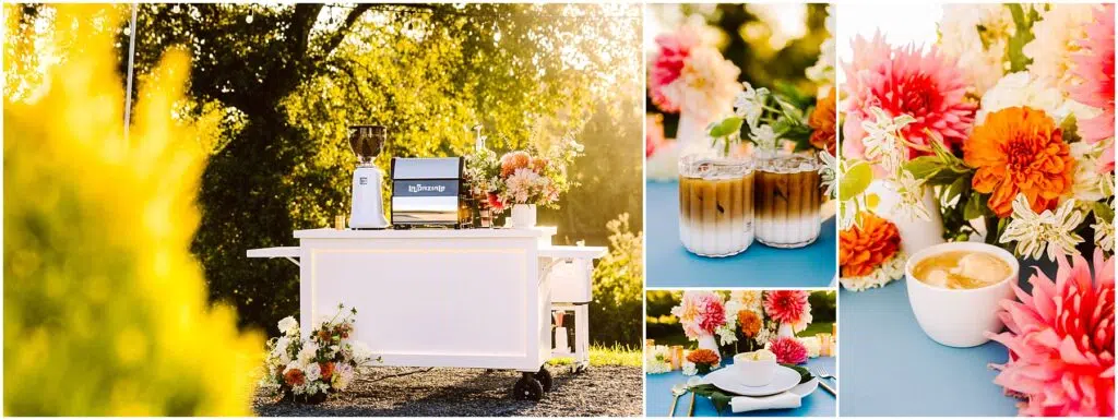 Snohomish Wedding Photographer GSquared Weddings A coffee cart is set up outdoors with a coffee machine and floral arrangements Two iced coffees sit on a blue table next to vibrant pink and orange flowers The setup is brightly lit by the sun Serving Seattle Snohomish and Washington State Snohomish Wedding Photographer GSquared Weddings A coffee cart is set up outdoors with a coffee machine and floral arrangements. Two iced coffees sit on a blue table next to vibrant pink and orange flowers. The setup is brightly lit by the sun. Serving Seattle, Snohomish and Washington State