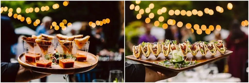 Snohomish Wedding Photographer GSquared Weddings Left image A server holds a tray of mini grilled cheese sandwiches with tomato soup in small cups Right image A server presents a tray of small taco appetizers garnished with greens Both images feature blurred string lights and an outdoor setting Serving Seattle Snohomish and Washington State Snohomish Wedding Photographer GSquared Weddings Left image: A server holds a tray of mini grilled cheese sandwiches with tomato soup in small cups. Right image: A server presents a tray of small taco appetizers garnished with greens. Both images feature blurred string lights and an outdoor setting. Serving Seattle, Snohomish and Washington State