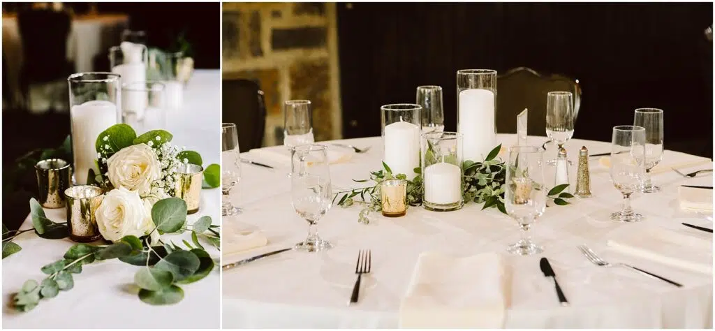 Snohomish Wedding Photographer GSquared Weddings A round table set for an event with white napkins glasses and plates The centerpiece features white candles of varying heights surrounded by greenery and white roses Additional votive candles in gold holders complement the arrangement Serving Seattle Snohomish and Washington State Snohomish Wedding Photographer GSquared Weddings A round table set for an event with white napkins, glasses, and plates. The centerpiece features white candles of varying heights, surrounded by greenery and white roses. Additional votive candles in gold holders complement the arrangement. Serving Seattle, Snohomish and Washington State