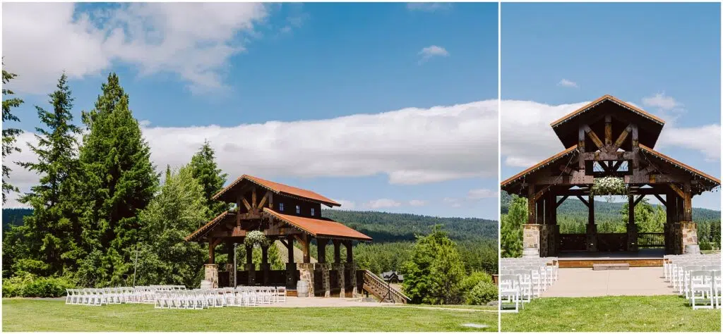 Snohomish Wedding Photographer GSquared Weddings Outdoor wedding venue with a wooden pavilion surrounded by lush greenery and tall trees White chairs are arranged on the grass under a partly cloudy blue sky Serving Seattle Snohomish and Washington State Snohomish Wedding Photographer GSquared Weddings Outdoor wedding venue with a wooden pavilion surrounded by lush greenery and tall trees. White chairs are arranged on the grass under a partly cloudy blue sky. Serving Seattle, Snohomish and Washington State