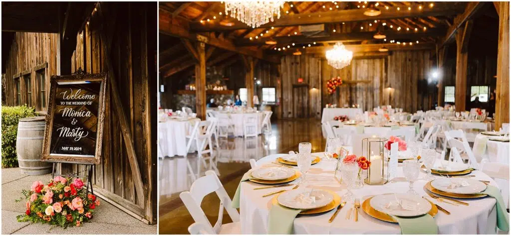 Snohomish Wedding Photographer GSquared Weddings Left Sign welcoming Monica and Marty surrounded by flowers near a wooden barn entrance Right Inside a rustic barn decorated for a wedding with round tables covered in white cloths green accents floral centerpieces and warm string lights Serving Seattle Snohomish and Washington State Snohomish Wedding Photographer GSquared Weddings Left: Sign welcoming Monica and Marty, surrounded by flowers, near a wooden barn entrance. Right: Inside a rustic barn decorated for a wedding, with round tables covered in white cloths, green accents, floral centerpieces, and warm string lights. Serving Seattle, Snohomish and Washington State
