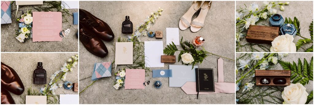 Snohomish wedding photographer gsquared weddings a collage of wedding accessories invitations rings a perfume bottle shoes a tie a boutonniere and a shoehorn displayed on a stone surface with scattered flowers and greenery Serving seattle snohomish and washington state Snohomish wedding photographer gsquared weddings a collage of wedding accessories invitations rings a perfume bottle shoes a tie a boutonniere and a shoehorn displayed on a stone surface with scattered flowers and greenery Serving seattle snohomish and washington state
