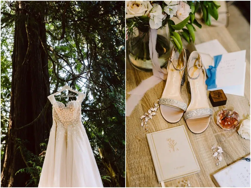 Snohomish Wedding Photographer GSquared Weddings Left Wedding gown on a hanger outdoors with trees in the background Right Flat lay of bridal accessories including opentoed shoes jewelry perfume a bouquet of flowers and wedding invitations on a wooden surface Serving Seattle Snohomish and Washington State Snohomish Wedding Photographer GSquared Weddings Left: Wedding gown on a hanger outdoors with trees in the background. Right: Flat lay of bridal accessories including open-toed shoes, jewelry, perfume, a bouquet of flowers, and wedding invitations on a wooden surface. Serving Seattle, Snohomish and Washington State