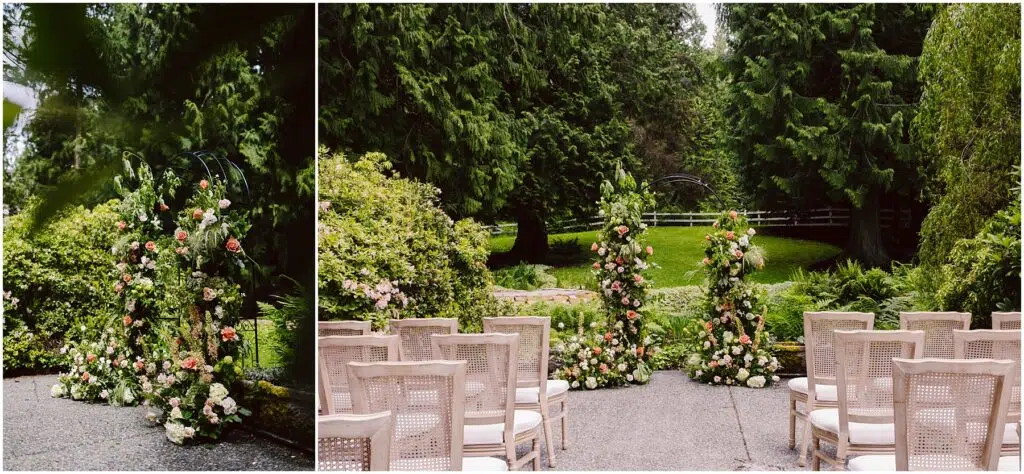 Snohomish Wedding Photographer GSquared Weddings Outdoor wedding ceremony setup with rows of cushioned chairs facing a decorated archway The arch is adorned with lush green foliage and pink white and peach flowers The background features a serene garden with tall trees and a grassy lawn Serving Seattle Snohomish and Washington State Snohomish Wedding Photographer GSquared Weddings Outdoor wedding ceremony setup with rows of cushioned chairs facing a decorated archway. The arch is adorned with lush green foliage and pink, white, and peach flowers. The background features a serene garden with tall trees and a grassy lawn. Serving Seattle, Snohomish and Washington State