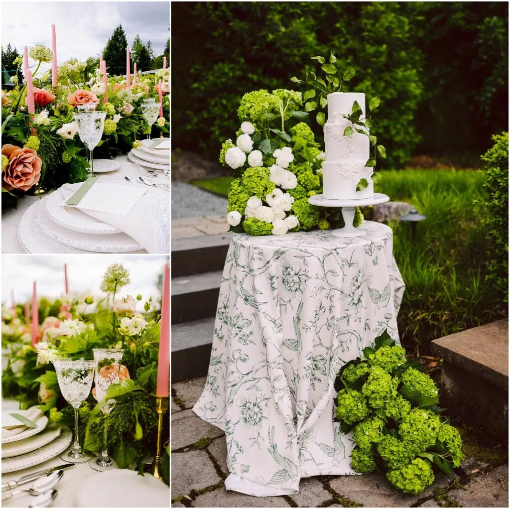 Snohomish Wedding Photographer GSquared Weddings A collage featuring a chic outdoor wedding setup a floralthemed cake on a small table adorned with green hydrangeas a dining table with pink candles elegant glassware plates and lush floral arrangements Steps and greenery in the background Serving Seattle Snohomish and Washington State Snohomish Wedding Photographer GSquared Weddings A collage featuring a chic outdoor wedding setup: a floral-themed cake on a small table adorned with green hydrangeas, a dining table with pink candles, elegant glassware, plates, and lush floral arrangements. Steps and greenery in the background. Serving Seattle, Snohomish and Washington State