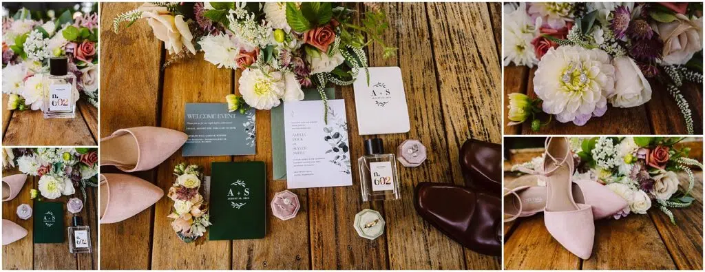 Snohomish Wedding Photographer GSquared Weddings Flat lay of wedding items on a wooden surface including floral arrangements a perfume bottle wedding invitations with initials A + S pink heels brown shoes a ring box with a wedding band and decorative greenery Serving Seattle Snohomish and Washington State Snohomish Wedding Photographer GSquared Weddings Flat lay of wedding items on a wooden surface, including floral arrangements, a perfume bottle, wedding invitations with initials A + S, pink heels, brown shoes, a ring box with a wedding band, and decorative greenery. Serving Seattle, Snohomish and Washington State