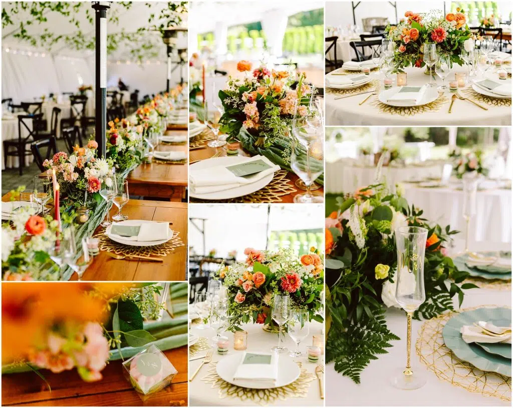 Snohomish Wedding Photographer GSquared Weddings A collage of wedding table settings featuring white plates with gold chargers elegant glassware and vibrant floral centerpieces with orange pink and green hues on wooden tables under a white canopy Serving Seattle Snohomish and Washington State Snohomish Wedding Photographer GSquared Weddings A collage of wedding table settings featuring white plates with gold chargers, elegant glassware, and vibrant floral centerpieces with orange, pink, and green hues on wooden tables under a white canopy. Serving Seattle, Snohomish and Washington State