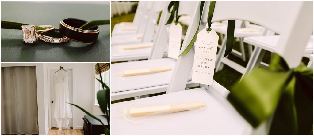 Snohomish wedding photographer gsquared weddings collage of wedding details a close-up of wedding rings entwined on a green ribbon white chairs with reserved signs and programs tied with green ribbon and a hanging white wedding dress in a room Serving seattle snohomish and washington state Snohomish wedding photographer gsquared weddings collage of wedding details a close up of wedding rings entwined on a green ribbon white chairs with reserved signs and programs tied with green ribbon and a hanging white wedding dress in a room Serving seattle snohomish and washington state