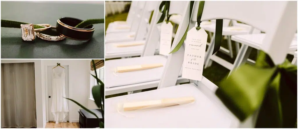 Snohomish Wedding Photographer GSquared Weddings Collage of wedding details a closeup of wedding rings entwined on a green ribbon white chairs with reserved signs and programs tied with green ribbon and a hanging white wedding dress in a room Serving Seattle Snohomish and Washington State Snohomish Wedding Photographer GSquared Weddings Collage of wedding details: a close-up of wedding rings entwined on a green ribbon, white chairs with reserved signs and programs tied with green ribbon, and a hanging white wedding dress in a room. Serving Seattle, Snohomish and Washington State