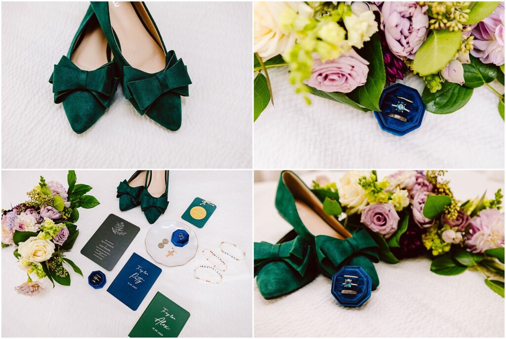 Snohomish wedding photographer gsquared weddings collage of four images green shoes with bows a bouquet of roses and greenery an arrangement of wedding items including invitations and rings and the shoes next to the bouquet and a blue ring box All set on a white background Serving seattle snohomish and washington state Snohomish wedding photographer gsquared weddings collage of four images green shoes with bows a bouquet of roses and greenery an arrangement of wedding items including invitations and rings and the shoes next to the bouquet and a blue ring box All set on a white background Serving seattle snohomish and washington state
