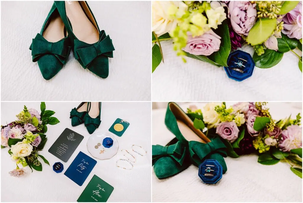 Snohomish Wedding Photographer GSquared Weddings Collage of four images green shoes with bows a bouquet of roses and greenery an arrangement of wedding items including invitations and rings and the shoes next to the bouquet and a blue ring box All set on a white background Serving Seattle Snohomish and Washington State Snohomish Wedding Photographer GSquared Weddings Collage of four images: green shoes with bows, a bouquet of roses and greenery, an arrangement of wedding items including invitations and rings, and the shoes next to the bouquet and a blue ring box. All set on a white background. Serving Seattle, Snohomish and Washington State