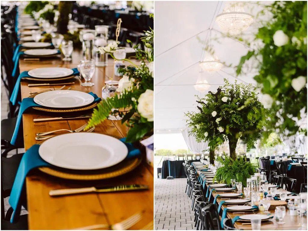 Snohomish Wedding Photographer GSquared Weddings A beautifully set outdoor dining table with white plates teal napkins and gold utensils The setting features lush green foliage and white flowers as centerpieces under a white tent with chandeliers Serving Seattle Snohomish and Washington State Snohomish Wedding Photographer GSquared Weddings A beautifully set outdoor dining table with white plates, teal napkins, and gold utensils. The setting features lush green foliage and white flowers as centerpieces under a white tent with chandeliers. Serving Seattle, Snohomish and Washington State