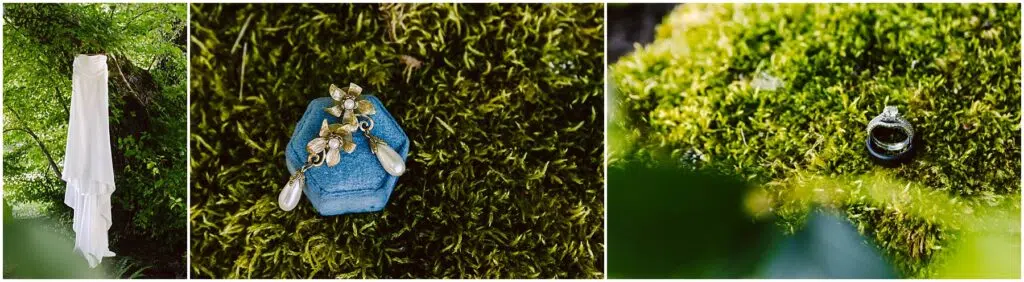 Snohomish Wedding Photographer GSquared Weddings A collage of three images a white dress hanging outdoors on the left pearl and gold earrings on a blue box in the center and two rings placed on green moss on the right The setting is lush and green Serving Seattle Snohomish and Washington State Snohomish Wedding Photographer GSquared Weddings A collage of three images: a white dress hanging outdoors on the left, pearl and gold earrings on a blue box in the center, and two rings placed on green moss on the right. The setting is lush and green. Serving Seattle, Snohomish and Washington State