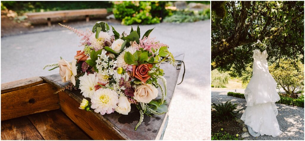 Snohomish wedding photographer gsquared weddings a close-up of a bouquet featuring white pink and peach flowers on a wooden surface Beside it a lacy white wedding dress hangs from a tree branch in a sunny garden with greenery in the background Serving seattle snohomish and washington state Snohomish wedding photographer gsquared weddings a close up of a bouquet featuring white pink and peach flowers on a wooden surface Beside it a lacy white wedding dress hangs from a tree branch in a sunny garden with greenery in the background Serving seattle snohomish and washington state
