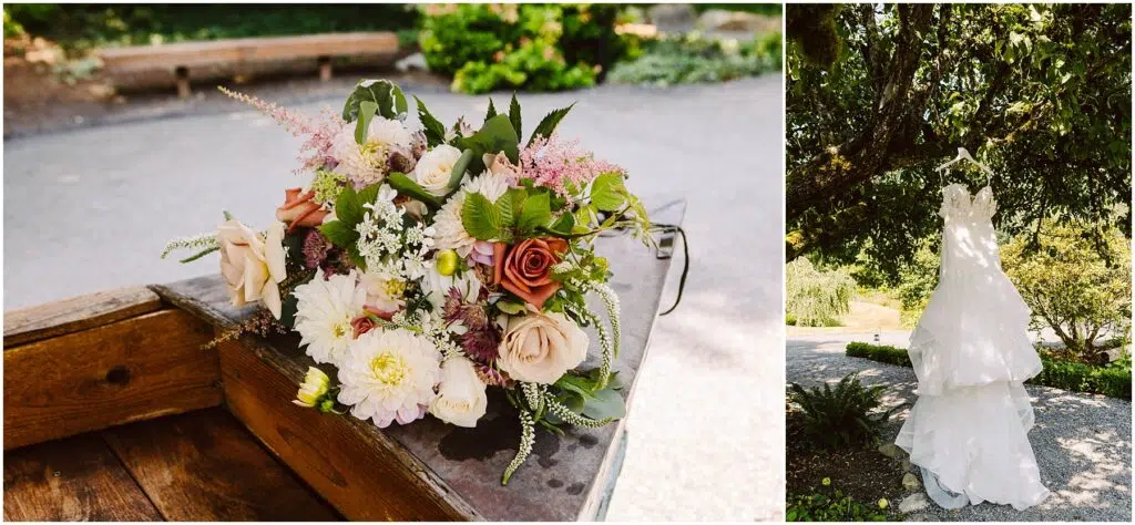 Snohomish Wedding Photographer GSquared Weddings A closeup of a bouquet featuring white pink and peach flowers on a wooden surface Beside it a lacy white wedding dress hangs from a tree branch in a sunny garden with greenery in the background Serving Seattle Snohomish and Washington State Snohomish Wedding Photographer GSquared Weddings A close-up of a bouquet featuring white, pink, and peach flowers on a wooden surface. Beside it, a lacy white wedding dress hangs from a tree branch in a sunny garden with greenery in the background. Serving Seattle, Snohomish and Washington State