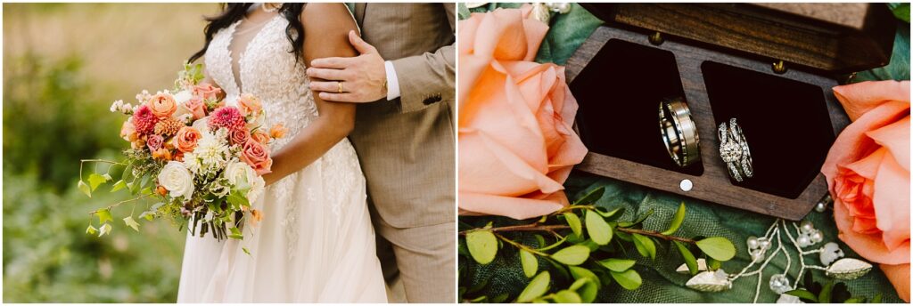 Snohomish wedding photographer gsquared weddings on the left a bride holds a vibrant bouquet with pink and white flowers while a groom stands beside her On the right wedding rings are displayed in a wooden box surrounded by pink roses and green leaves Serving seattle snohomish and washington state Snohomish wedding photographer gsquared weddings on the left a bride holds a vibrant bouquet with pink and white flowers while a groom stands beside her On the right wedding rings are displayed in a wooden box surrounded by pink roses and green leaves Serving seattle snohomish and washington state