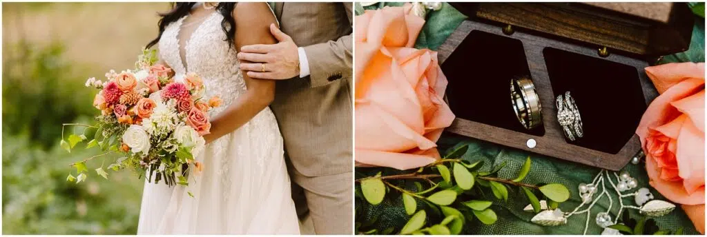 Snohomish Wedding Photographer GSquared Weddings On the left a bride holds a vibrant bouquet with pink and white flowers while a groom stands beside her On the right wedding rings are displayed in a wooden box surrounded by pink roses and green leaves Serving Seattle Snohomish and Washington State Snohomish Wedding Photographer GSquared Weddings On the left, a bride holds a vibrant bouquet with pink and white flowers, while a groom stands beside her. On the right, wedding rings are displayed in a wooden box surrounded by pink roses and green leaves. Serving Seattle, Snohomish and Washington State