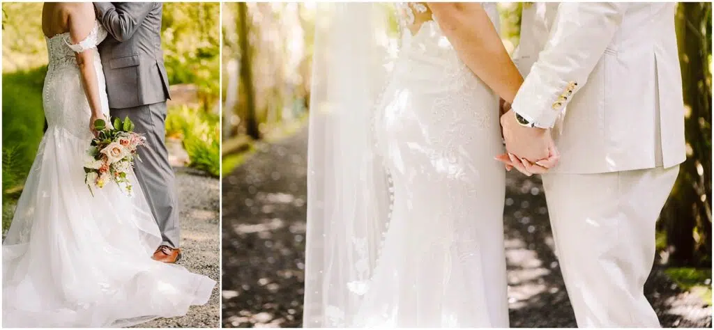 Snohomish Wedding Photographer GSquared Weddings A couple holds hands on a sunlit path The bride wears a lace wedding dress and holds a bouquet of roses The groom is in a lightcolored suit and brown shoes Greenery lines the path creating a serene romantic setting Serving Seattle Snohomish and Washington State Snohomish Wedding Photographer GSquared Weddings A couple holds hands on a sunlit path. The bride wears a lace wedding dress and holds a bouquet of roses. The groom is in a light-colored suit and brown shoes. Greenery lines the path, creating a serene, romantic setting. Serving Seattle, Snohomish and Washington State