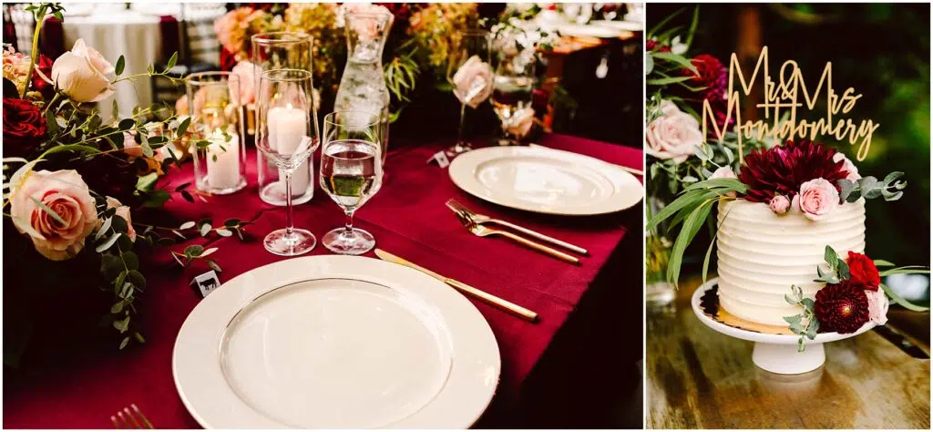 Snohomish Wedding Photographer GSquared Weddings Elegant table setting with white plates and gold utensils on a burgundy tablecloth surrounded by floral centerpieces with roses and candles On the right a small white cake with red flowers and a Mr Mrs topper Serving Seattle Snohomish and Washington State Snohomish Wedding Photographer GSquared Weddings Elegant table setting with white plates and gold utensils on a burgundy tablecloth, surrounded by floral centerpieces with roses and candles. On the right, a small white cake with red flowers and a Mr & Mrs topper. Serving Seattle, Snohomish and Washington State