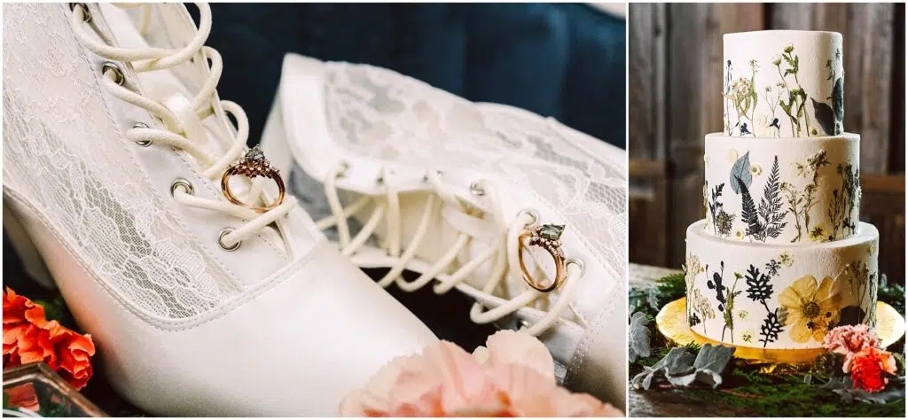 Snohomish Wedding Photographer GSquared Weddings Closeup of elegant white laceup bridal shoes with rings on the laces surrounded by pink flowers on the left On the right a threetiered wedding cake decorated with floral designs Serving Seattle Snohomish and Washington State Snohomish Wedding Photographer GSquared Weddings Close-up of elegant white lace-up bridal shoes with rings on the laces, surrounded by pink flowers on the left. On the right, a three-tiered wedding cake decorated with floral designs. Serving Seattle, Snohomish and Washington State