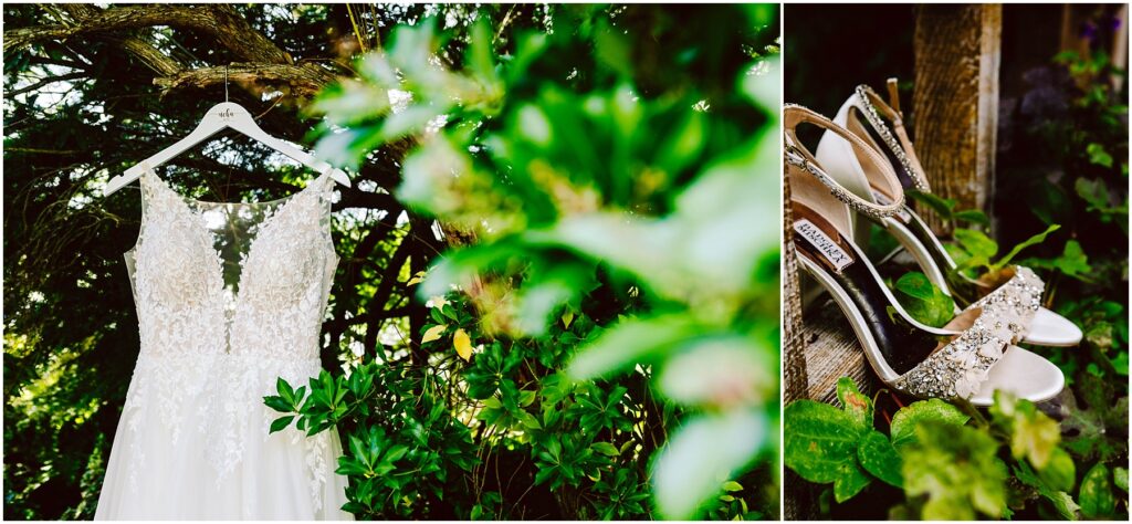 Snohomish wedding photographer gsquared weddings a bridal gown with intricate lace details hangs from a tree branch surrounded by lush green foliage Beside it sparkling high-heeled shoes rest on a wooden surface partially covered by greenery Serving seattle snohomish and washington state Snohomish wedding photographer gsquared weddings a bridal gown with intricate lace details hangs from a tree branch surrounded by lush green foliage Beside it sparkling high heeled shoes rest on a wooden surface partially covered by greenery Serving seattle snohomish and washington state