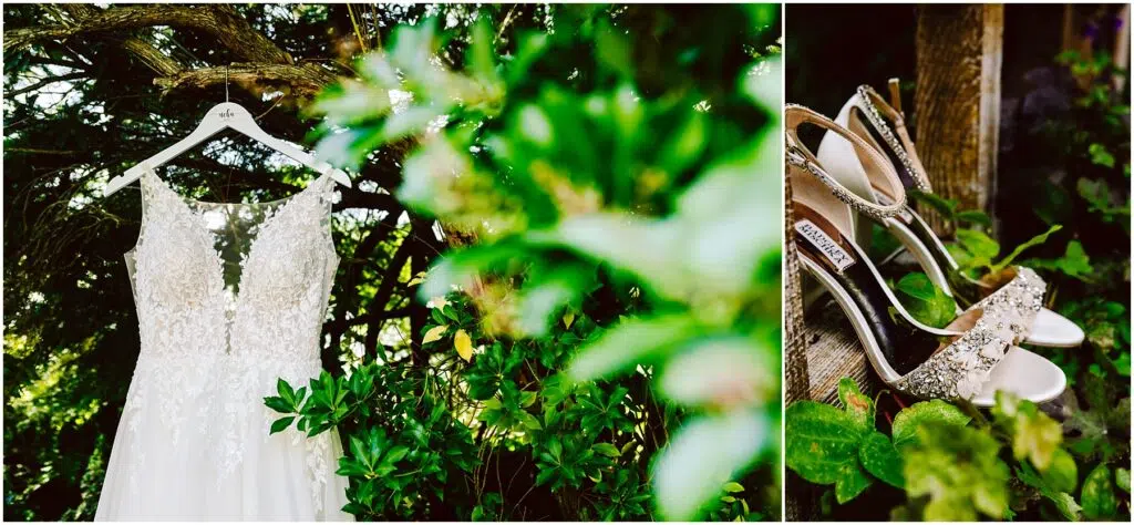 Snohomish Wedding Photographer GSquared Weddings A bridal gown with intricate lace details hangs from a tree branch surrounded by lush green foliage Beside it sparkling highheeled shoes rest on a wooden surface partially covered by greenery Serving Seattle Snohomish and Washington State Snohomish Wedding Photographer GSquared Weddings A bridal gown with intricate lace details hangs from a tree branch, surrounded by lush green foliage. Beside it, sparkling high-heeled shoes rest on a wooden surface, partially covered by greenery. Serving Seattle, Snohomish and Washington State