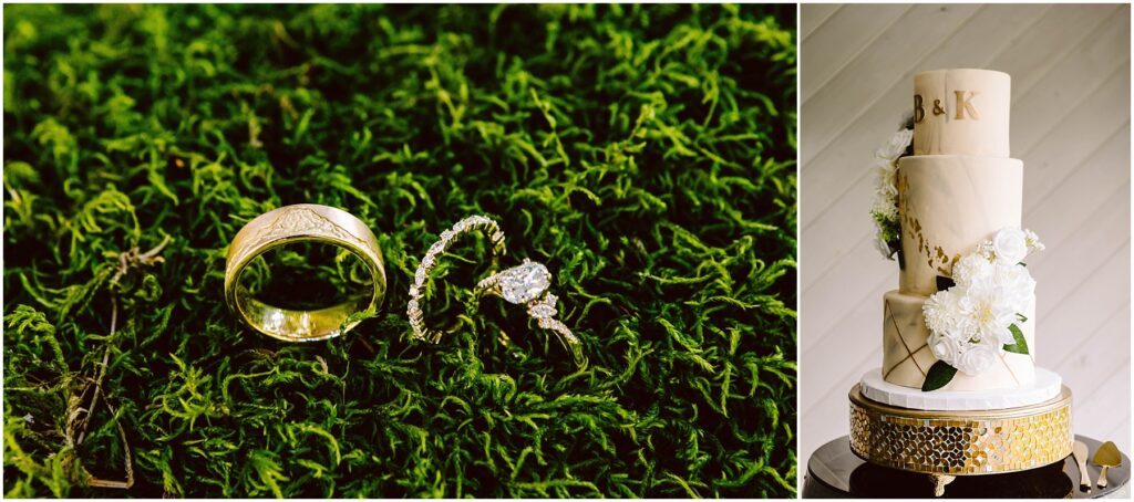 Snohomish wedding photographer gsquared weddings a gold wedding ring and a silver ring with a diamond sit on green moss Next to this a three-tiered white wedding cake adorned with white flowers is displayed on a decorative stand Serving seattle snohomish and washington state Snohomish wedding photographer gsquared weddings a gold wedding ring and a silver ring with a diamond sit on green moss Next to this a three tiered white wedding cake adorned with white flowers is displayed on a decorative stand Serving seattle snohomish and washington state