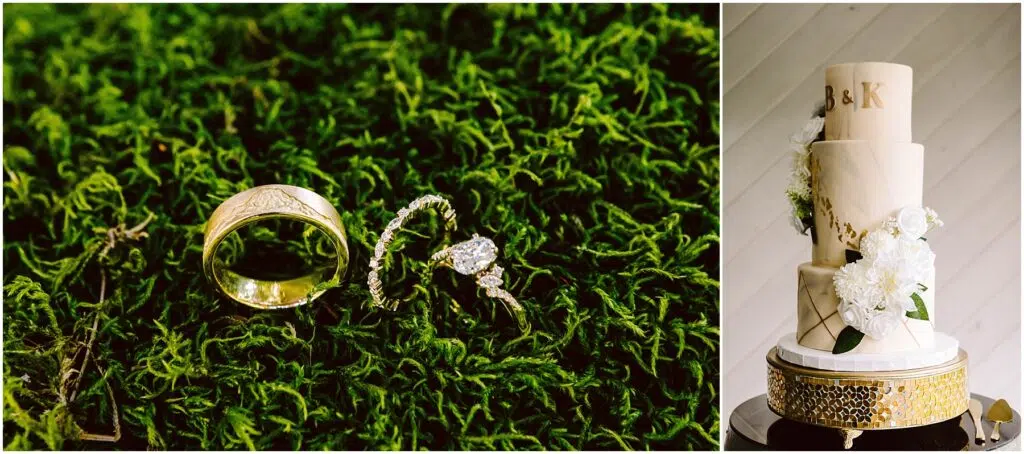 Snohomish Wedding Photographer GSquared Weddings A gold wedding ring and a silver ring with a diamond sit on green moss Next to this a threetiered white wedding cake adorned with white flowers is displayed on a decorative stand Serving Seattle Snohomish and Washington State Snohomish Wedding Photographer GSquared Weddings A gold wedding ring and a silver ring with a diamond sit on green moss. Next to this, a three-tiered white wedding cake adorned with white flowers is displayed on a decorative stand. Serving Seattle, Snohomish and Washington State