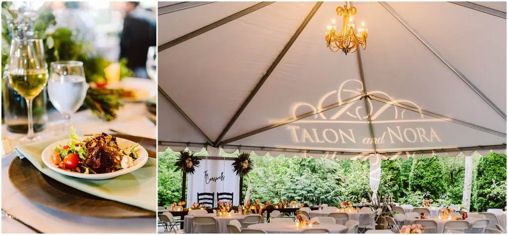 Snohomish Wedding Photographer GSquared Weddings A tented reception features elegant dining settings with wine glasses and a dish with salad A chandelier hangs above and the tent wall is illuminated with the names Talon and Nora Lush greenery surrounds the venue Serving Seattle Snohomish and Washington State Snohomish Wedding Photographer GSquared Weddings A tented reception features elegant dining settings with wine glasses and a dish with salad. A chandelier hangs above, and the tent wall is illuminated with the names Talon and Nora. Lush greenery surrounds the venue. Serving Seattle, Snohomish and Washington State