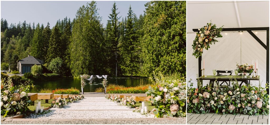 Snohomish wedding photographer gsquared weddings a wedding ceremony setup by a lake The aisle is lined with flowers leading to an arch of greenery On the right a decorated table with floral arrangements is under a wooden pergola Tall trees surround the serene setting Serving seattle snohomish and washington state Snohomish wedding photographer gsquared weddings a wedding ceremony setup by a lake The aisle is lined with flowers leading to an arch of greenery On the right a decorated table with floral arrangements is under a wooden pergola Tall trees surround the serene setting Serving seattle snohomish and washington state