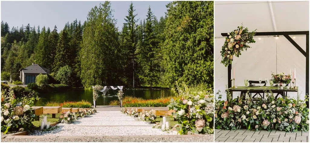 Snohomish Wedding Photographer GSquared Weddings A wedding ceremony setup by a lake The aisle is lined with flowers leading to an arch of greenery On the right a decorated table with floral arrangements is under a wooden pergola Tall trees surround the serene setting Serving Seattle Snohomish and Washington State Snohomish Wedding Photographer GSquared Weddings A wedding ceremony setup by a lake. The aisle is lined with flowers leading to an arch of greenery. On the right, a decorated table with floral arrangements is under a wooden pergola. Tall trees surround the serene setting. Serving Seattle, Snohomish and Washington State