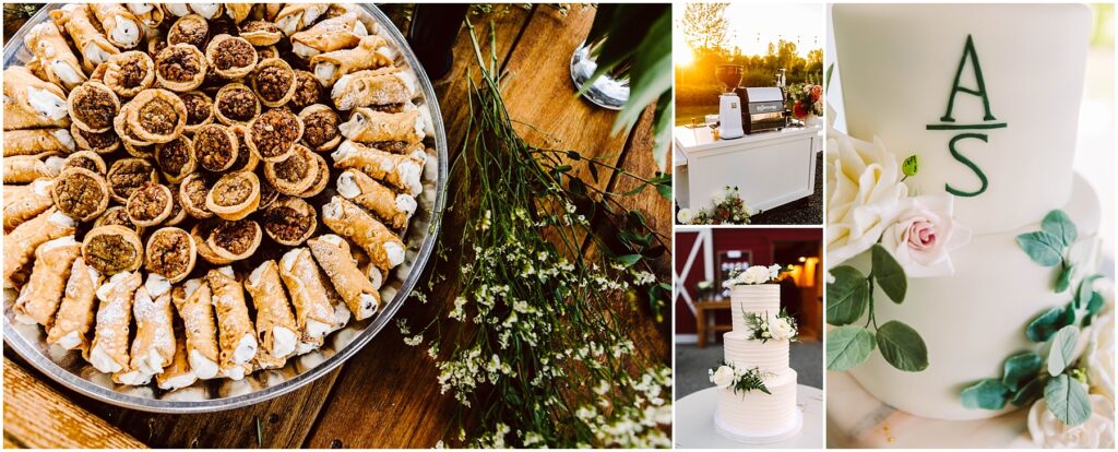 Snohomish wedding photographer gsquared weddings collage of a wedding dessert setup a platter of cannoli and cookies a rustic table with floral decor an outdoor scene with a coffee station and a round three-tiered white cake adorned with greenery and the letters a and s Serving seattle snohomish and washington state Snohomish wedding photographer gsquared weddings collage of a wedding dessert setup a platter of cannoli and cookies a rustic table with floral decor an outdoor scene with a coffee station and a round three tiered white cake adorned with greenery and the letters a and s Serving seattle snohomish and washington state