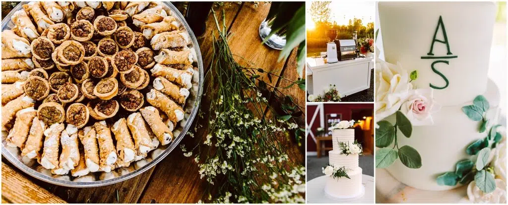 Snohomish Wedding Photographer GSquared Weddings Collage of a wedding dessert setup a platter of cannoli and cookies a rustic table with floral decor an outdoor scene with a coffee station and a round threetiered white cake adorned with greenery and the letters A and S Serving Seattle Snohomish and Washington State Snohomish Wedding Photographer GSquared Weddings Collage of a wedding dessert setup: a platter of cannoli and cookies, a rustic table with floral decor, an outdoor scene with a coffee station, and a round three-tiered white cake adorned with greenery and the letters A and S. Serving Seattle, Snohomish and Washington State